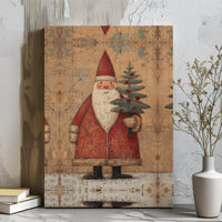 Distressed Christmas Tree Canvas Wall Art, Rustic Folk Art Santa Canvas Print, Vintage Santa Canvas Art, Holiday Winter Home Decor Present
