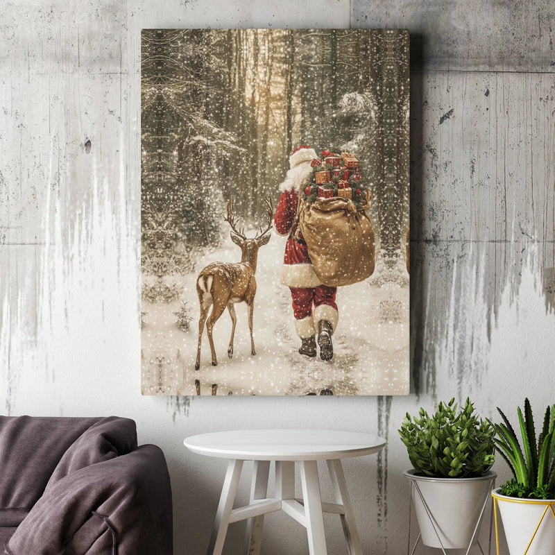Snowy Forest Christmas Canvas Print, Santa Claus and Reindeer Canvas Wall Art, Winter Holiday Wall Art, Festive Seasonal Canvas Decor