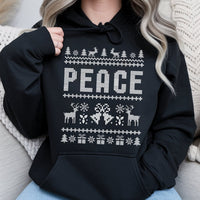 Nordic Reindeer Holiday Hooded Sweatshirt, Peace Ugly Christmas Hoodie, Retro Xmas Graphic Hoodie, Festive Family Matching Pullover Hoodie