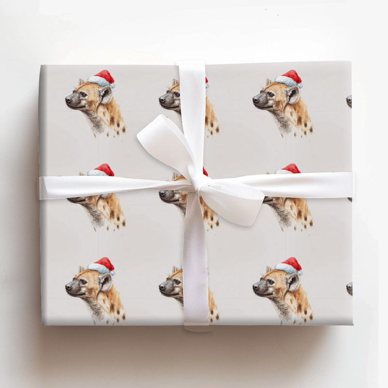 Humorous Safari Animal Gift Wrap, Watercolor Hyena Christmas Wrapping Paper, Santa Hat Hyena Wrapping Paper, Secret Santa Holiday Gift Wrap