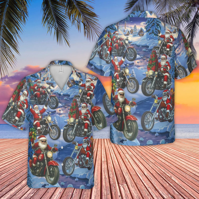 Motorcycle Santa Aloha Shirt, Santa Biker Hawaiian Shirt, Festive Christmas Button Up Shirt, Holiday Rider Tropical Short Sleeve Shirt