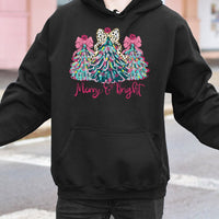 Coquette Bow Christmas Tree Hooded Sweatshirt, Merry and Bright Hoodie, Preppy Holiday Graphic Pullover, Adorable Girly Winter Aesthetic Jumper