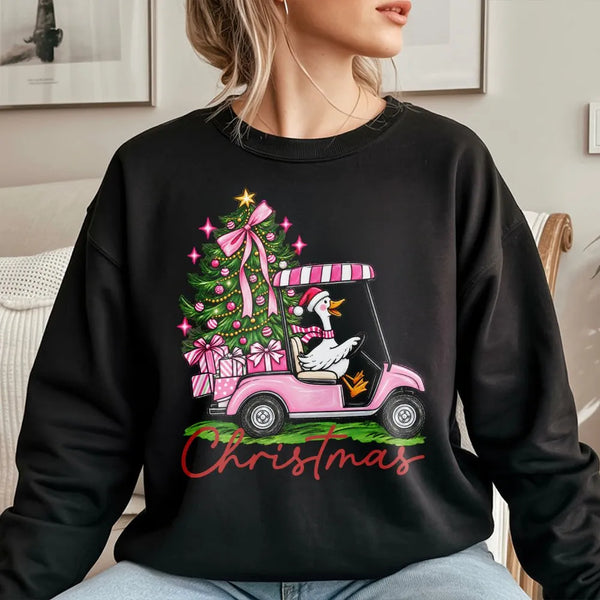 Pink Golf Cart Christmas Tree Crewneck, Christmas Goose Sweatshirt, Retro Pink Christmas Sweatshirt, Adorable Holiday Pullove