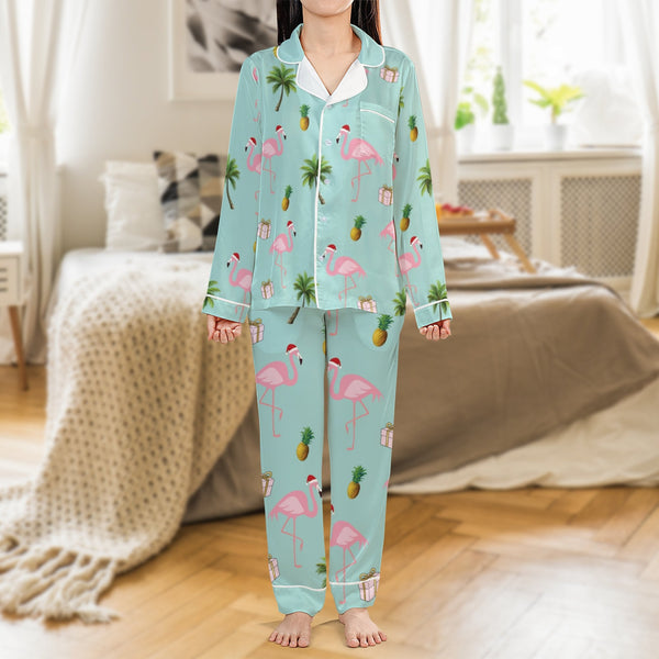 Christmas Flamingo Pajama Set, Tropical Flamingo Santa Satin Pajamas, Festive Holiday Loungewear, Silky Pajama Sleepwear, Xma