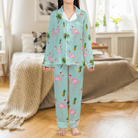 Christmas Flamingo Pajama Set, Tropical Flamingo Santa Satin Pajamas, Festive Holiday Loungewear, Silky Pajama Sleepwear, Xmas Present for Her