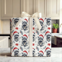 Adorable Animal Holiday Gift Wrap, Santa Hat Raccoon Wrapping Paper, Watercolor Christmas Raccoon Paper, Winter Forest Wrapping Paper Roll