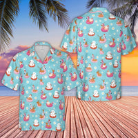 Tropical Christmas Hawaiian Shirt, Santa and Snowman Flamingo Hawaiian Shirt, Retro Holiday Flamingo Hawaiian Shirt, Beach Xmas Button Down