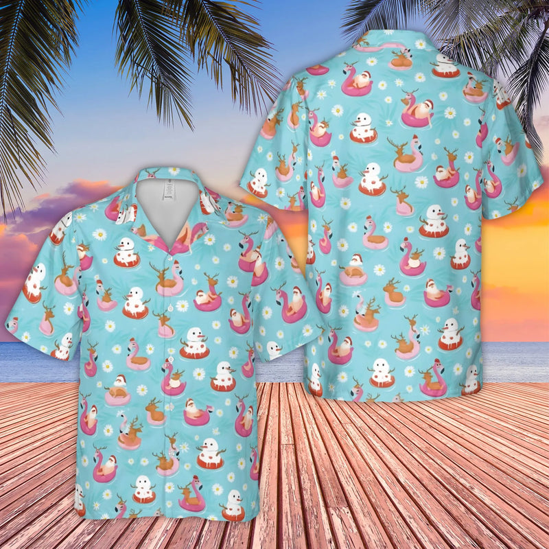 Tropical Christmas Hawaiian Shirt, Santa and Snowman Flamingo Hawaiian Shirt, Retro Holiday Flamingo Hawaiian Shirt, Beach Xmas Button Down