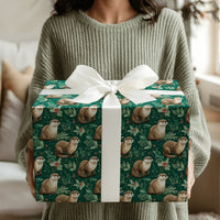 Dark Green Woodland Animal Wrapping Paper, Otter Christmas Holly Wrapping Paper, Adorable Otter Holiday Wrapping Paper, Nature Lover Gift Wrap