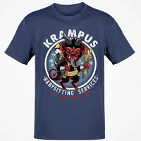 Humorous Christmas Horror Graphic Tee, Krampus Babysitting Service T-Shirt, Spooky Holiday Folklore Shirt, Alpine Demon Winter Top