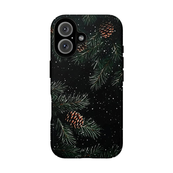 Winter Evergreen Branch Phone Case, Pine Cone iPhone Phone Case, Falling Snow Botanical Tough Cover, Nature Lover Christmas P