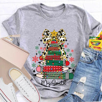Bow and Colored Pencil Holiday Graphic Tee, Personalized Christmas Tree T-Shirt, Custom Teacher Christmas Shirt, Adorable School Holiday Tee