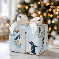 Adorable Winter Animal Gift Wrap, Ice Skating Penguin Christmas Wrapping Paper, Watercolor Holiday Wrapping Paper, Festive Kids Gift Wrap Roll