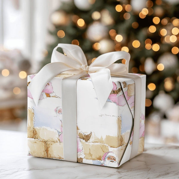 Rustic Hay Bale Christmas Gift Wrap, Pink Santa Wrapping Paper, Watercolor Country Holiday Wrapping Paper, Whimsical Western 