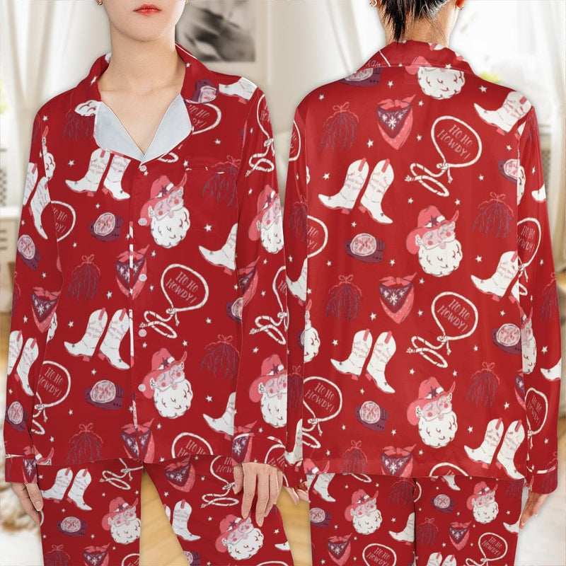 Western Cowboy Santa Pajamas, Ho Ho Howdy Satin Pajama Set, Retro Christmas Sleepwear, Country Holiday Pajama Set, Winter Present for Women