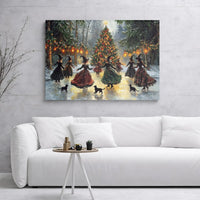 Witch Christmas Canvas Wall Art, Ice Skating Witches Canvas Print, Black Cat Holiday Canvas Art, Whimsical Winter Witch Canvas Home Decor