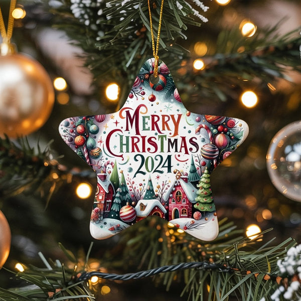 Whimsical Winter Village Star Ornament, Merry Christmas 2024 Star Ornament, Ceramic Holiday Tree Decor, Star Ceramic Ornament