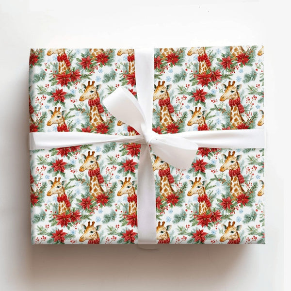 Watercolor Safari Animal Gift Wrap, Christmas Giraffe Wrapping Paper, Red Scarf Giraffe Wrapping Paper, Holiday Present Gift 