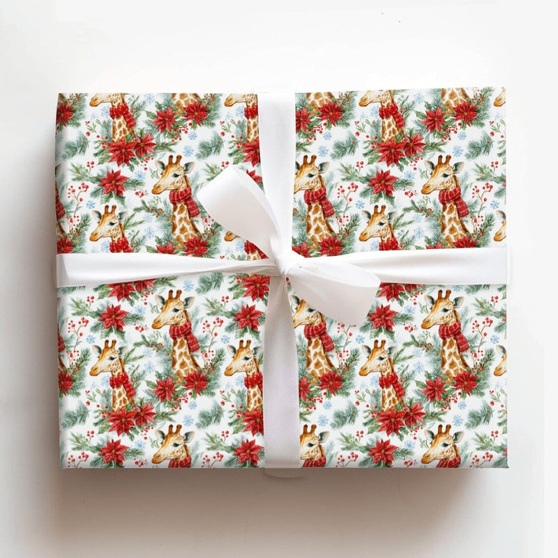 Watercolor Safari Animal Gift Wrap, Christmas Giraffe Wrapping Paper, Red Scarf Giraffe Wrapping Paper, Holiday Present Gift Wrap Roll