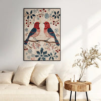 Vintage Tapestry Robins & Snowflakes Print, Winter Birds Wall Art, Christmas Bird Wall Poster, Rustic Holiday Farmhouse Decor Present