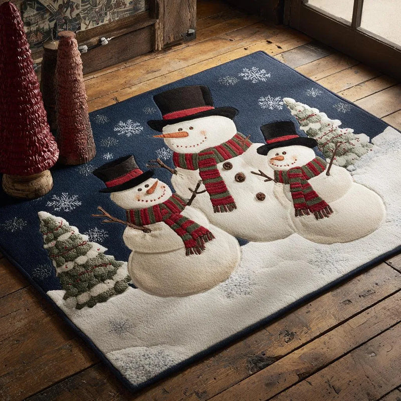 Christmas Area Rug, Three Snowman Family Rug, Winter Holiday Floor Mat, Festive Snowmen Accent Rug, Xmas Living Room Seasonal Home Decor