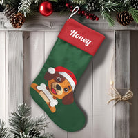 Adorable Puppy with Bone Holiday Stocking, Dog Santa Hat Christmas Stocking, Personalized Pet Xmas Stocking, Custom Dog Name Mantle Decor Present