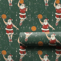 Dark Green Sports Christmas Gift Wrap, Retro Basketball Santa Wrapping Paper, Dribbling Santa Holiday Wrapping Paper, Xmas Wrapping Paper