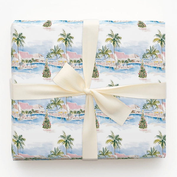 Coastal Resort Watercolor Gift Wrap, Tropical Beach Christmas Wrapping Paper, Ocean Palm Tree Wrapping Paper Roll