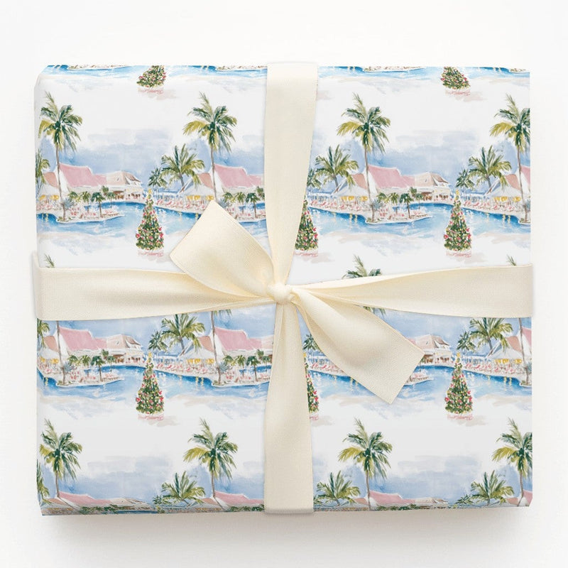 Coastal Resort Watercolor Gift Wrap, Tropical Beach Christmas Wrapping Paper, Ocean Palm Tree Wrapping Paper Roll