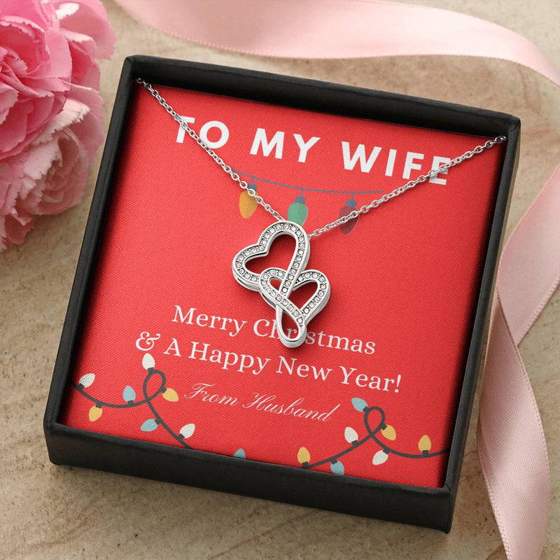 Interlocking Hearts Cubic Zirconia Jewelry, Double Heart Pendant Necklace, 14K White Gold Finish Heart Necklace, Christmas Present for Wife