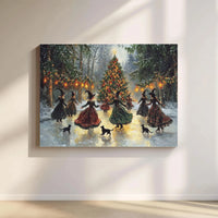 Whimsical Holiday Wall Art, Witches Ice Skating Christmas Tree Canvas, Vintage Winter Witch Canvas Print, Gothic Seasonal Canvas Decor