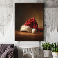 Rustic Christmas Canvas Print, Santa Hat Oil Painting Canvas Wall Art, Festive Holiday Santa Hat Canvas Decor, Winter Seasonal Home Wall Art