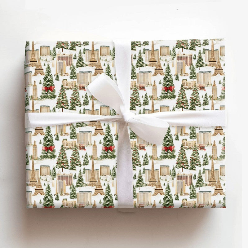 Watercolor Vegas Strip Gift Wrap, Las Vegas Christmas Wrapping Paper, Eiffel Tower Holiday Wrapping Paper, Travel Theme Xmas Gift Wrap