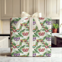 Venetian Mask Holiday Gift Wrap, Christmas Masquerade Wrapping Paper, Watercolor Festive Pine Gift Wrap, Winter Party Gift Wrapping Paper