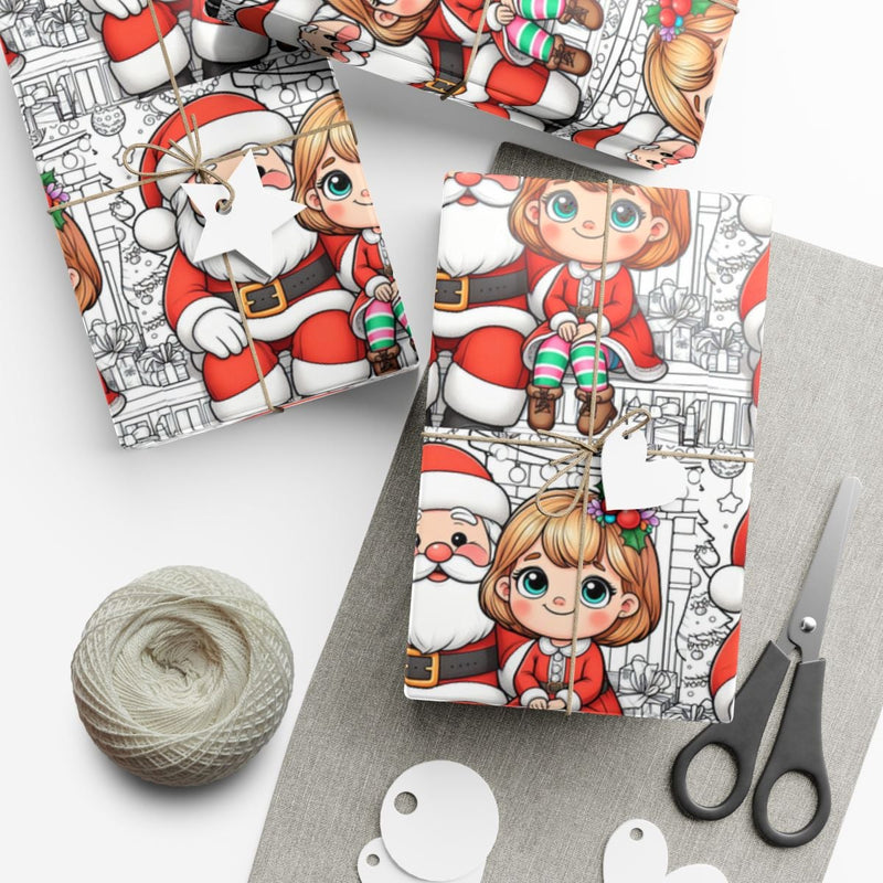 Coloring Page Design Gift Wrap, Christmas Santa Wrapping Paper, Adorable Girl Santa Wrapping Paper Roll, Festive Kids Holiday Present Wrap Paper