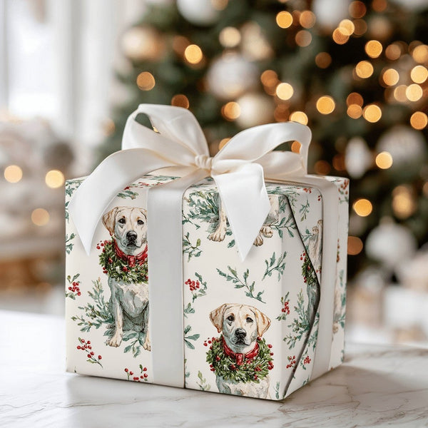 Adorable Dog Holiday Gift Wrap, Yellow Labrador Christmas Wrapping Paper, Labrador Wreath Wrapping Paper, Dog Lover Xmas Gift
