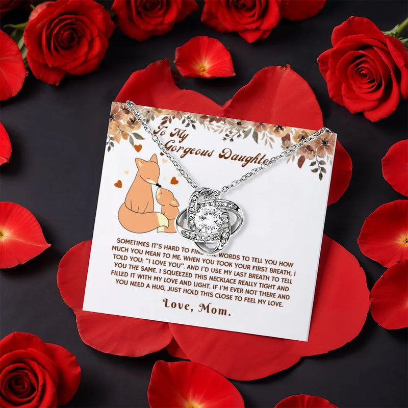 Gold CZ Pendant Message Card Jewelry, Fox Daughter Love Knot Necklace from Mom, Heartfelt Birthday Christmas Present for Daughter