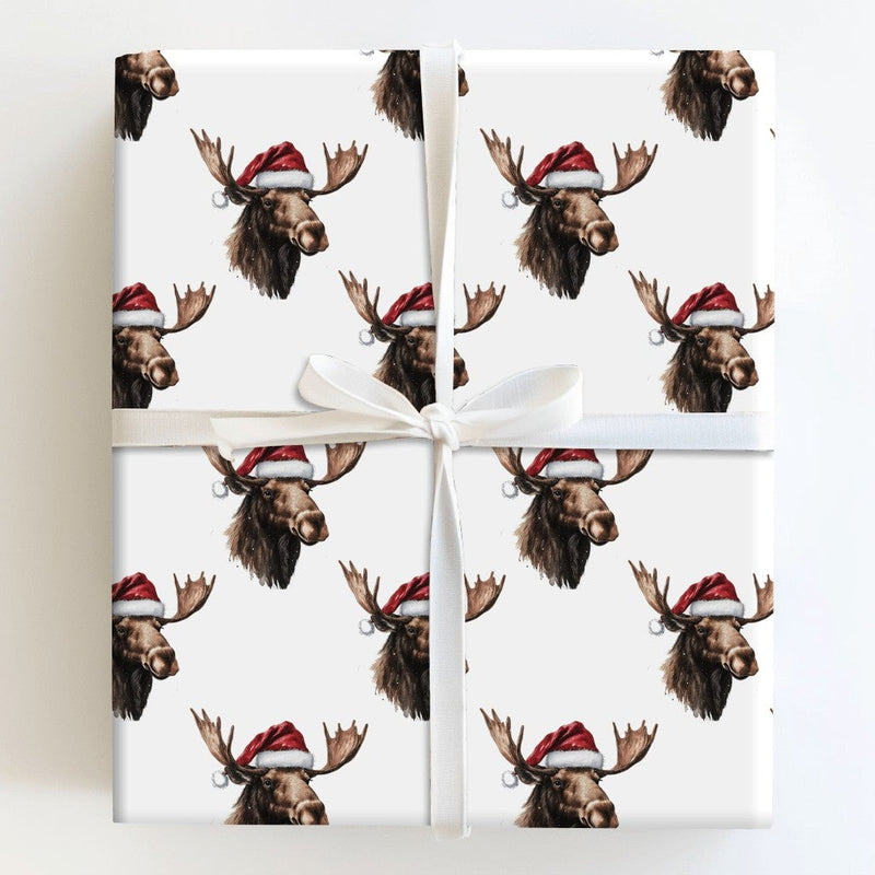 Santa Hat Moose Gift Wrap, Christmas Moose Wrapping Paper, Rustic Winter Holiday Wrapping Paper, Adorable Animal Festive Wrapping Paper