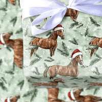 Equestrian Santa Hat Gift Wrap, Brown Horse Christmas Wrapping Paper, Watercolor Winter Horse Wrapping Paper, Green Holiday Horse Gift Wrap