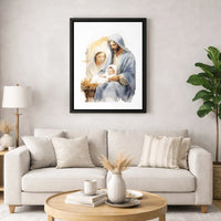 Watercolor Mary Joseph Baby Jesus Manger Scene, Holy Family Nativity Canvas Wall Art, Christian Christmas Digital Download Print Decor