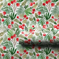 Winter Greenery Pine Needle Gift Wrap, Watercolor Red Berry Wrapping Paper, Botanical Christmas Wrapping Paper, Holiday Present Wrap Roll