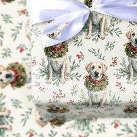 Adorable Dog Holiday Gift Wrap, Yellow Labrador Christmas Wrapping Paper, Labrador Wreath Wrapping Paper, Dog Lover Xmas Gift Wrap Paper Roll