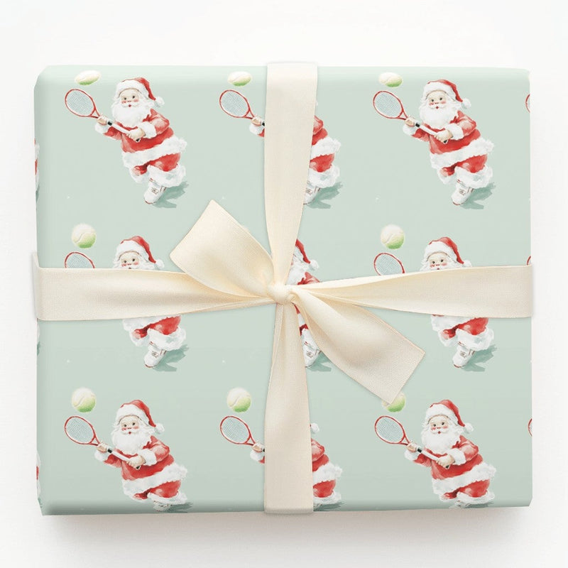 Sporty Holiday Gift Wrap, Tennis Santa Christmas Wrapping Paper, Mint Green Watercolor Tennis Wrapping Paper, Tennis Player Xmas Gift Wrap