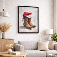 Rustic Christmas Holiday Canvas, Western Cowboy Boots with Santa Hat Canvas Art, Farmhouse Winter Wall Decor, Country Xmas Canvas Print