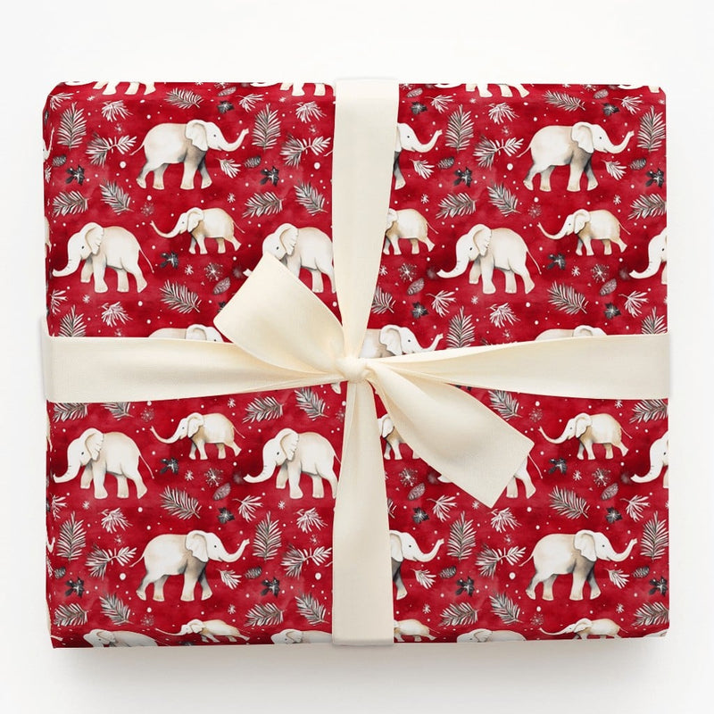 Festive Red Elephant Gift Wrap, Watercolor White Elephant Wrapping Paper, Christmas Elephant Wrapping Paper, Winter Botanical Present Wrap