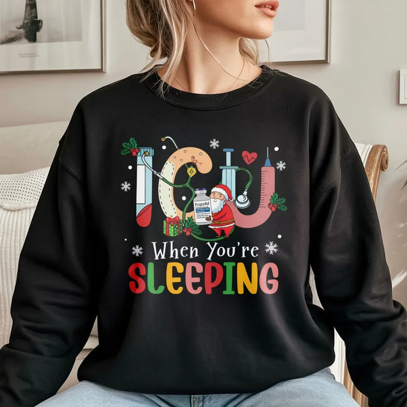 Humorous Santa Medical Holiday Sweater, ICU Nurse Christmas Sweatshirt, Intensive Care RN Crewneck, Healthcare Worker Xmas Pullover, Nurse Present