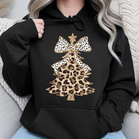 Festive Polka Dot Bow Hooded Sweatshirt, Leopard Print Christmas Tree Hoodie, Adorable Xmas Tree Graphic Pullover, Winter Holiday Hoodie Present