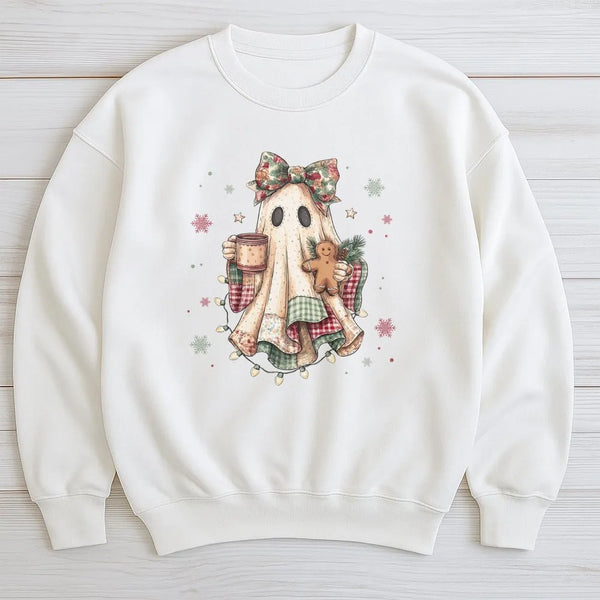 Comfy Ghost Drinking Coffee Crewneck, Christmas Ghost Sweatshirt, Gingerbread Plaid Ghost Pullover, Spooky Holiday Sweater, X