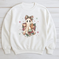 Comfy Ghost Drinking Coffee Crewneck, Christmas Ghost Sweatshirt, Gingerbread Plaid Ghost Pullover, Spooky Holiday Sweater, Xmas Present