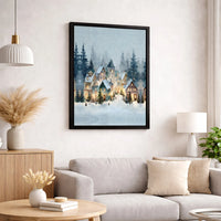Snowy Winter Wonderland Canvas Print, Christmas Village Canvas Wall Art, Watercolor Holiday Village Canvas, Xmas Town Living Room Decor